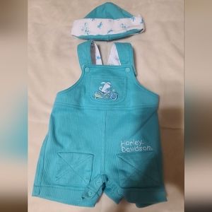 Vintage Harley Davidson infant teal overalls with matching hat, size 6-9 months